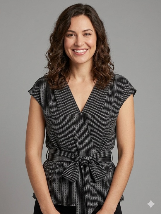 Max Studio Tops - Max Studio Faux Wrap Tie-Front Top in Black and White. Size Large